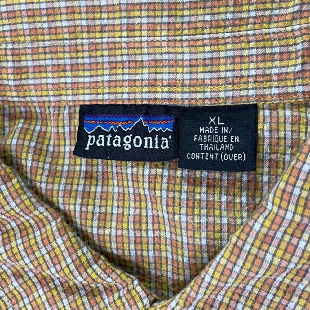 Patagonia Mens XL Short Sleeve Button Down Shirt Tan Yellow Micro Check Plaid